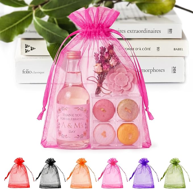 ANZNKU 100 Pcs Sheer Organza Bags 6x9 inches Mesh Drawstring Bag, Small Mesh Bag for Gifts, Large Organza Bags Drawstring for Wedding Mother's Day Party Favor Gift (Hot Pink)