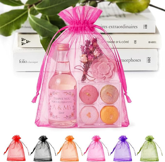 ANZNKU 100 Pcs Sheer Organza Bags 6x9 inches Mesh Drawstring Bag, Small Mesh Bag for Gifts, Large Organza Bags Drawstring for Wedding Mother's Day Party Favor Gift (Hot Pink)