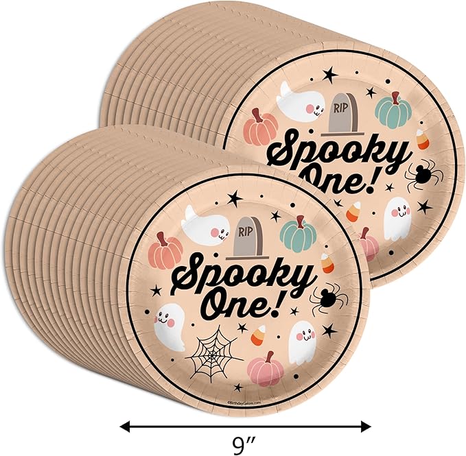 Spooky One First Birthday - 32 Piece Disposable Party Supplies - Decorations for Halloween 1st Birthday Round Party Plates - Large 9" Paper Plates In Bulk