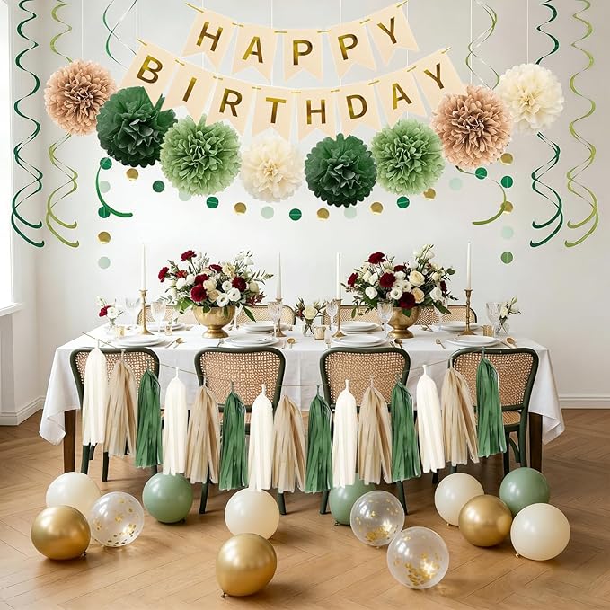 Sage Green Birthday Party Decorations for Women Girls with Happy Birthday Banner,Circle Garland,Tissue Paper Pompoms,Hanging Swirl, Paper Tassel,Decorations Balloons for Party Decor
