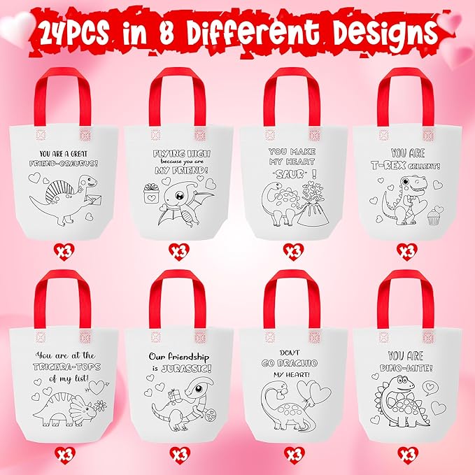 Valentine Coloring Goodie Bags for Kids - 24Pcs Dinosaur Bulk Color Your Own Gift Bags with Handle Valentine's Day Reusable Coloring Non Woven Tote Bag for DIY Craft Painting Party Favor Supplies