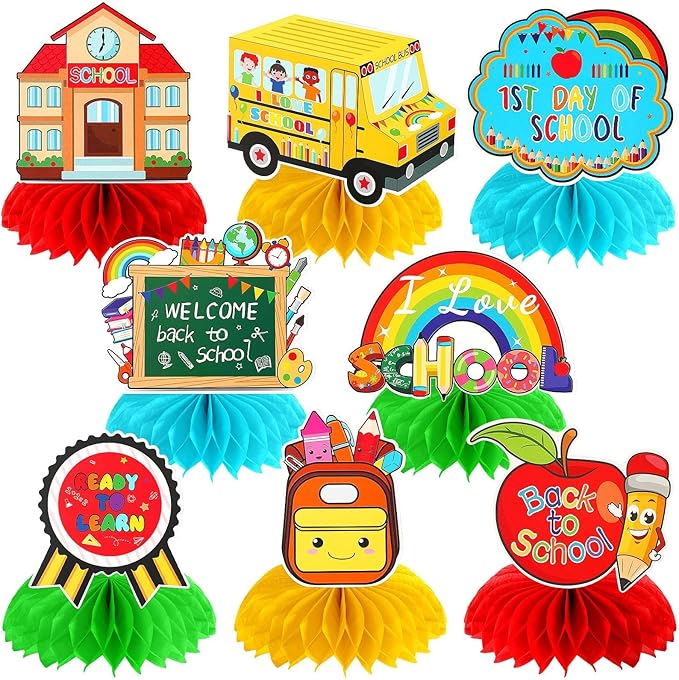 JULMELON Back To School Decorations Honeycomb Centerpiece, 8 PCS Welcome Back To School Supplies for Classroom First Day of School Table Toppers Decor for Kids and Teacher Party Favors