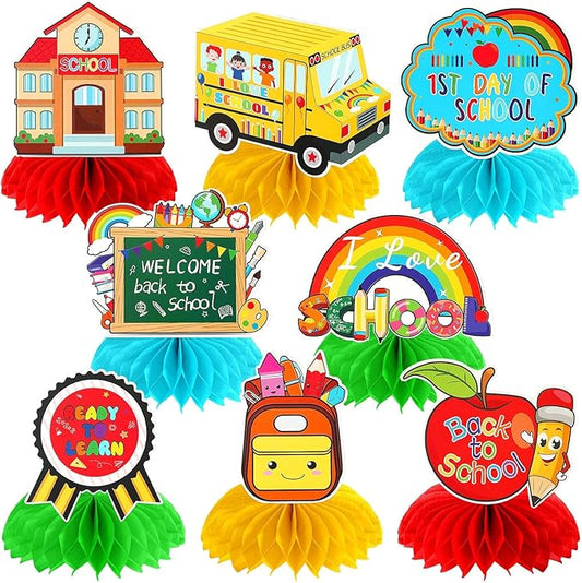 JULMELON Back To School Decorations Honeycomb Centerpiece, 8 PCS Welcome Back To School Supplies for Classroom First Day of School Table Toppers Decor for Kids and Teacher Party Favors