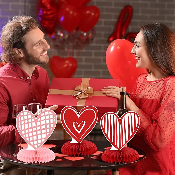 9Pcs Valentine's Day Honeycomb Centerpieces 3D Conversation Heart Tabletop Decorations Red Pink Love Table Topper Centerpiece for Wedding Anniversary Party Home Kitchen Table Decor