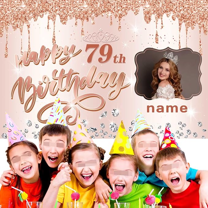 Customizable Rose Gold Happy 79th Birthday Decoration Banner - Personalized with Name and Photo