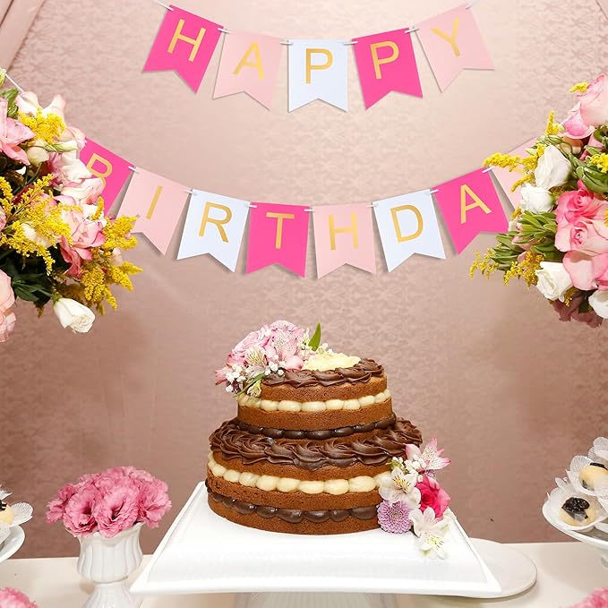 Pink Happy Birthday Banner -Roseo Pink White Hanging Backdrop Sign with Gold Letters, Happy Birthday Sign Bunting Decorations for Women men Kids Baby Shower Party Supplies (13pcs)