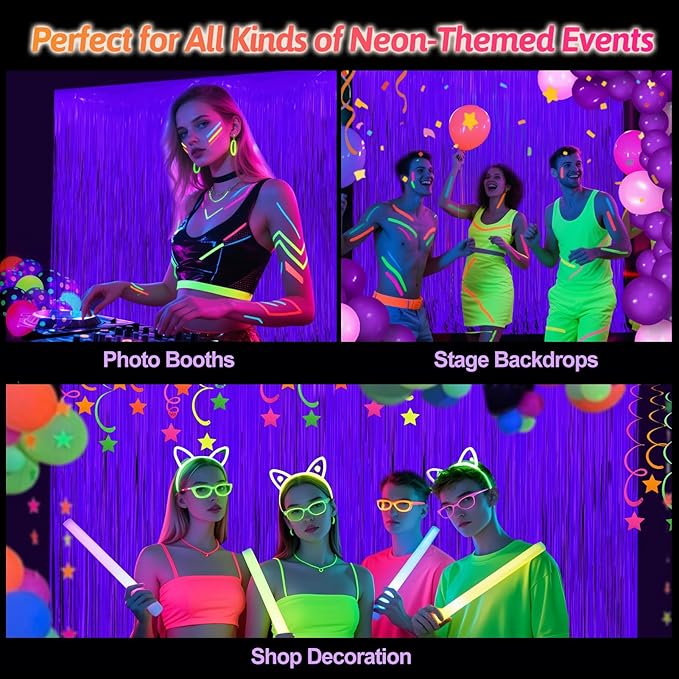 Glow in The Dark Party Supplies 2 Pack Neon Party Decorations Fluorescent Tinsel Foil Fringe Curtains Photo Booth Prop Backdrop Streamer Blacklight Decorations (Neon Purple)