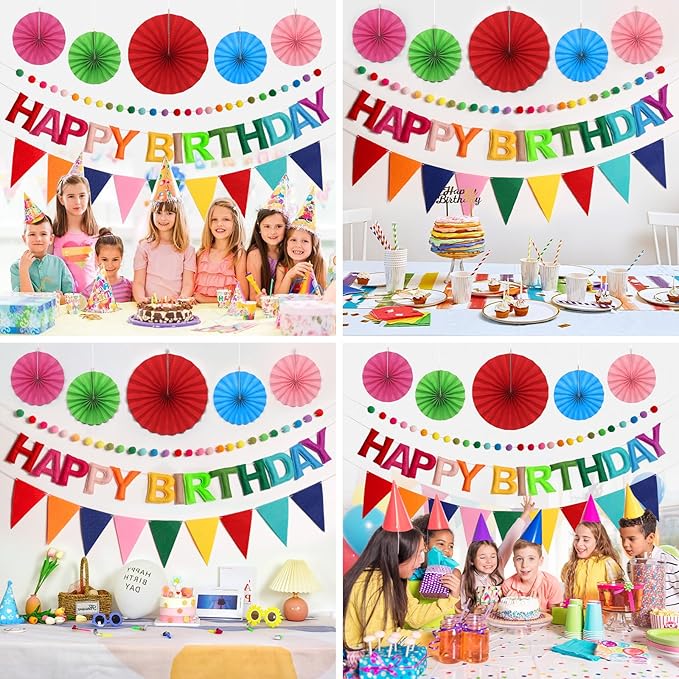 Pre-Strung Happy Birthday Banner, Reusable Felt Birthday Party Decorations, 3D Effect Happy Birthday Sign with Felt Ball Garland, Pennant Flag, Hanging Paper Fans for Men Women Boy Girls (Rainbow)