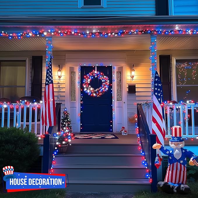 JMEXSUSS 500 LED Red White and Blue Lights 4th of July Decorations, 173ft 8 Modes 4th of July Lights Outdoor, Waterproof Patriotic String Light Plug in for Memorial Day Independence Day Decor