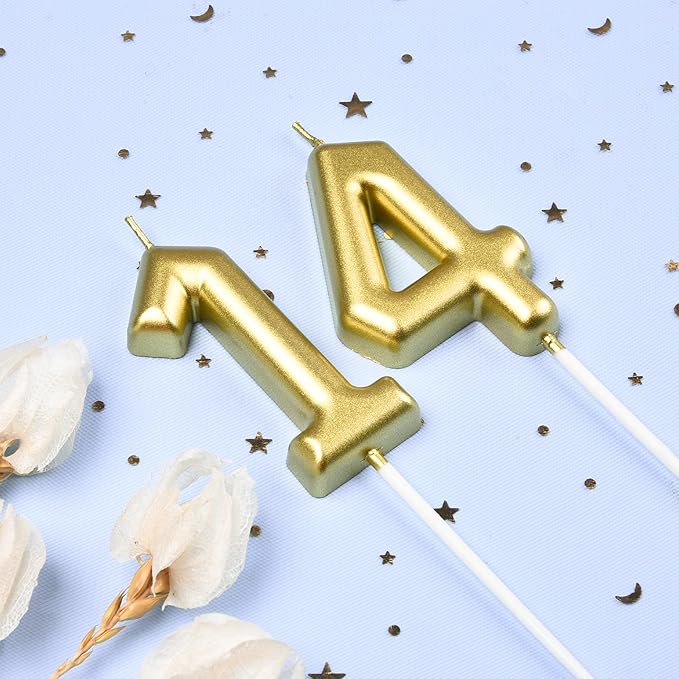2.76 Inch Classical Gold 14 Number Birthday Candles, Gold Number Candles, Cake Number Candles, Party Celebration