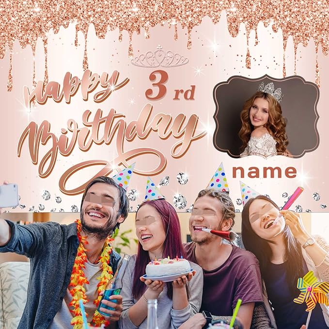 Customizable Rose Gold Happy 3rd Birthday Decoration Banner - Personalized with Name and Photo