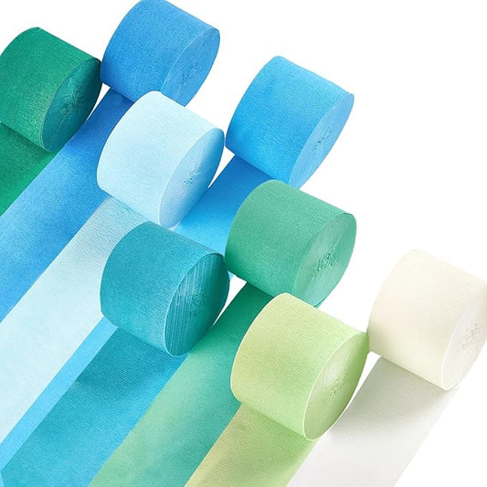PartyWoo Light Blue Crepe Paper Streamers 8pcs 656ft Pack of Slate Blue Beige White Green Crepe Paper Streamers for Birthday Gender Reveal Baby Shower Mermaid Under The Sea Party Decorations