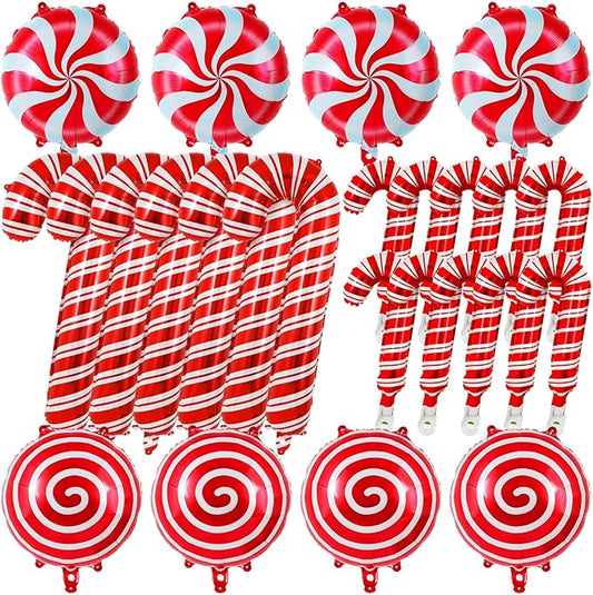 Christmas Candy Cane Balloons, 24 Pcs Christmas Foil Mylar Balloons, Large Red Candy Cane Balloons for Xmas Birthday Candy Themed Party Decorations