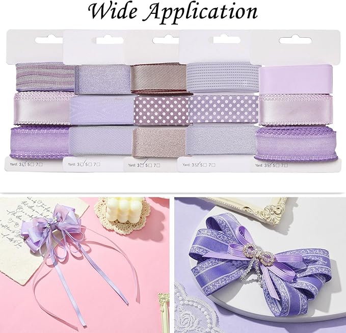 BEEFLYING 3 Styles Lavender Wire Edged Ribbons for Gift Wrapping, 25~28mm×2.7m Satin Ribbons for Wedding Party Decoration Hair Bows Flower Designs Sewing and Craft, 9 Yards