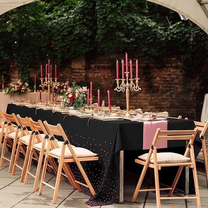 24Pack Disposable Plastic Tablecloth and Satin Table Runner Black and Rose Gold Dot Tablecloth Rose Gold Satin Table Runner for Wedding Birthday Baby Shower Anniversary Christmas New Year Party Supply