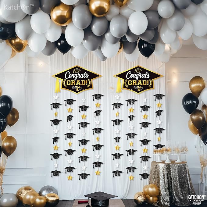 Graduation Decorations 2026, Black and Gold Graduation Cap Garland - Pack Of 2, No DIY | Congrats Grad Garlands for Graduation Cap Decoration | Graduation Party Decorations 2026, KatchOn