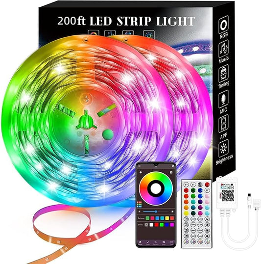 Lcutml 200FT Smart LED Strip Lights (2 Rolls of 100ft), RGB Strip Lights Sync to Music with 40 Key Remote Controller LED Lights for Bedroom,Christmas Lights decration (Multi-Colored, 200FT)