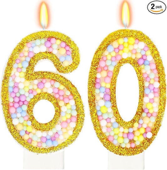 60th Birthday Candle for Women/Men, Golden Macaron Numeral Candles, Birthday Party Cake Decorations, Cake Topper for Birthday Party Supplies (Number 60)