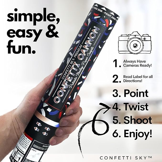 Confetti Sky [6 Pack] 12 Inch Confetti Cannons | Confetti Poppers for America 250, July 4 parade, Wedding Celebration, Birthday Party, Pranks, (red,white,blue)