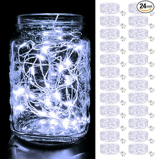 btfarm 24 Pack Fairy Lights Battery Operated, 3 Modes 7ft 20 Led Twinkle Lights, Mini Bulk String Lights Waterproof Silver Wire for Mason Jars Christmas Wedding Vases Centerpiece Decor, Cool White