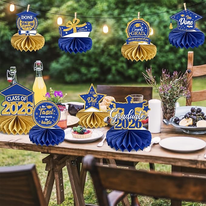 Graduation Decorations Class of 2026 Blue Congrats Grad Honeycomb Centerpieces Congratulate Graduation Table Toppers for Graduation Party Supplies (Blue Gold)