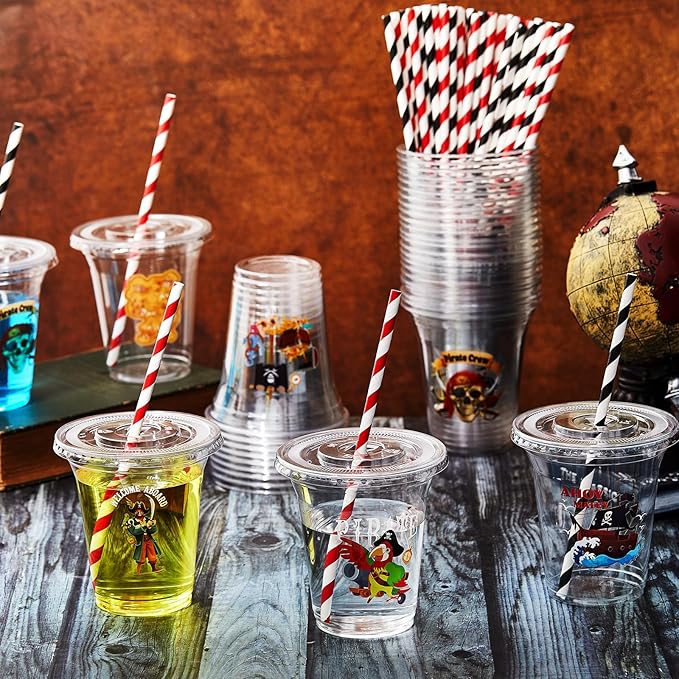 Boao 36 Sets Pirate Party Cups with Lids and Paper Straws 14 oz Skull Crossbones Treasure Drinking Cups Bulk for Halloween Pirate Birthday Baby Shower Party Supplies