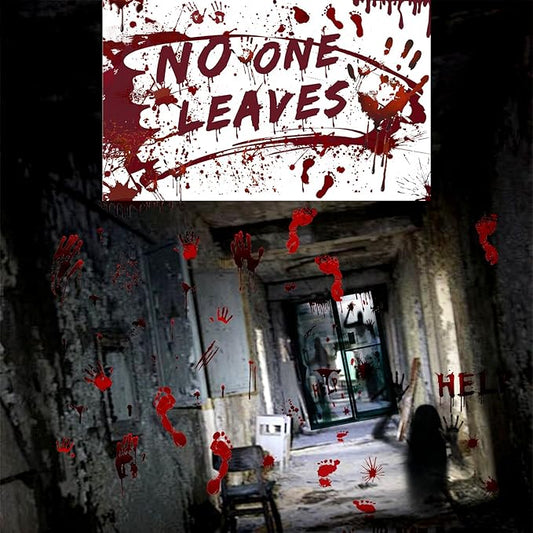 Halloween Decorations Set Bloody Backdrop Banner + Ghost Shadow Blood Footprint Handprint Floor Cling Decal for Bloody Party Spooky Zombie Vampire Party Supply Garage Yard Outdoor Indoor Decor
