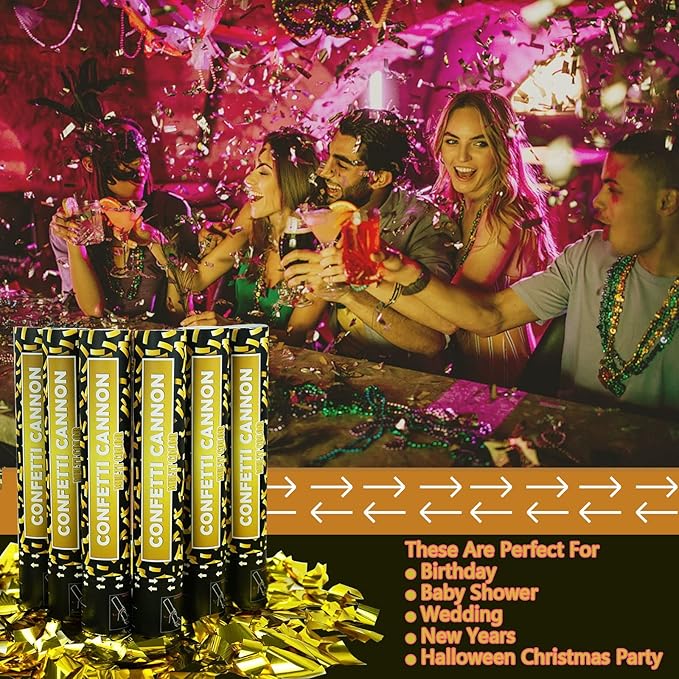 Confetti Cannon Gold Party Poppers - 6 Pack 12 Inch Confetti Poppers for Wedding Celebration Birthday Party Celebration Baby Shower Decorations Christmas New Year Graduation