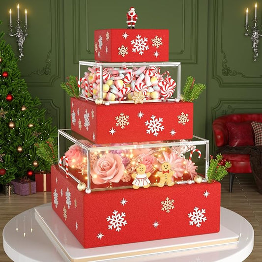 2PCS Clear Acrylic Cake Stand, Fillable Cake Box Riser Cake Tier, Square Cake Display Box with Lid, Decorative Centerpiece Box for Wedding Birthday Party (2pcs, 12" Dx4” H; 8" Dx4” H, 2M LED Lights)