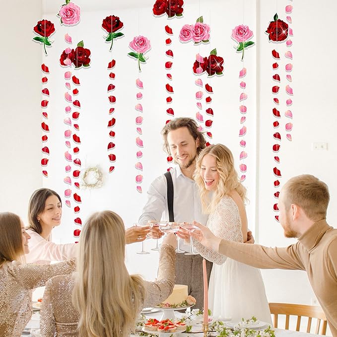 Cheerland Red Pink Rose Garland Flower Roses Petal Streamers Paper Love Banner for Floral Romantic Wedding Engagement Anniversary Bridal Shower Birthday Hanging Mothers Day Party Decorations 12pcs