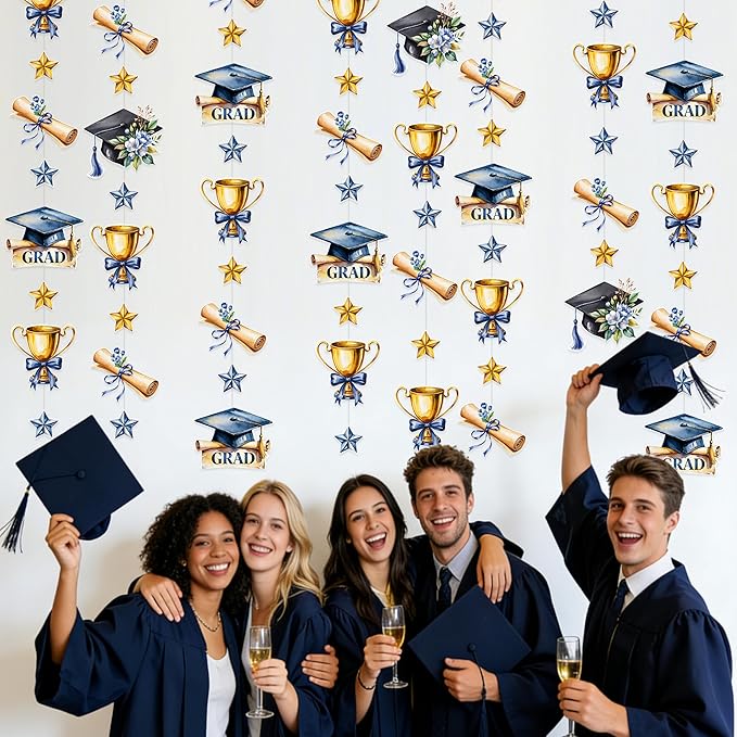 Blue Gold Graduation Party Hanging Streamer Floral Navy Gold Star Grad Cap Garland Banner for Congrats Grad You Did It Class of 2026 We are So Proud of You Themed Graduation Party Decorations Supplies
