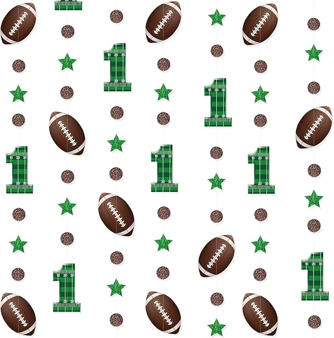 Pinkblume Football 1st Birthday Party Decorations - Glitter Star Circle Dot Football Theme Garland with Polka Dots, Stars and Streamers for Boys 1st Year Celebration
