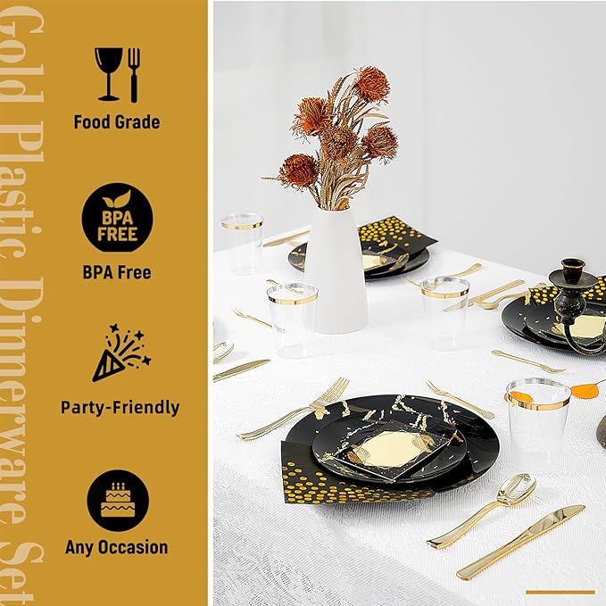 N9R 225pcs Black Gold Plastic Plates, Disposable Dinnerware Set Include 25 Dinner Plates, 25 Dessert Plate, 25 Plastic Silverware, 25 Mini Forks, Gold Cups, Napkins and Table Cards Halloween
