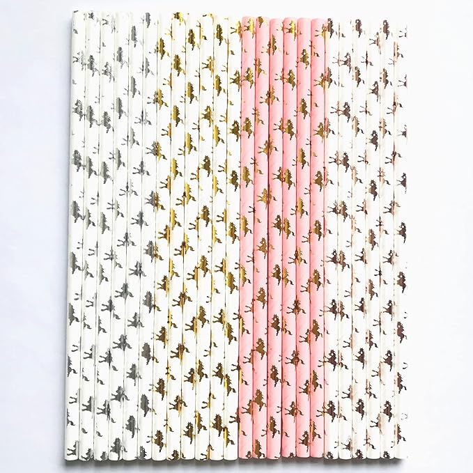 100 pcs Mixed Biodegradable Party Paper Straws, Pink Metallic Golden Rose Gold Silver Foil Pony Drinking Straws Bulk, Kentucky Horse Derby Baby Shower Birthday Wedding Cake Pop Sticks (Carousel Horse)
