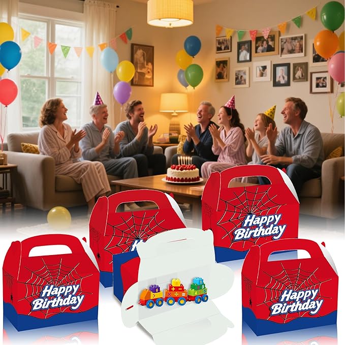 FLOLUVZ 16 PCS Spider Birthday Party Favor Treat Boxes, Spider Goodie Boxes Gift Bags, Gable Candy Box for Cartoon Themed Birthday Party Supplies Decorations
