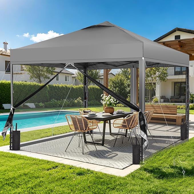 GDY 10x10 Pop up Canopy Tent with Mosquito Netting, Easy up Gazebo for Patio, Camping and Garden, Includes 4 Sandbags, Gray