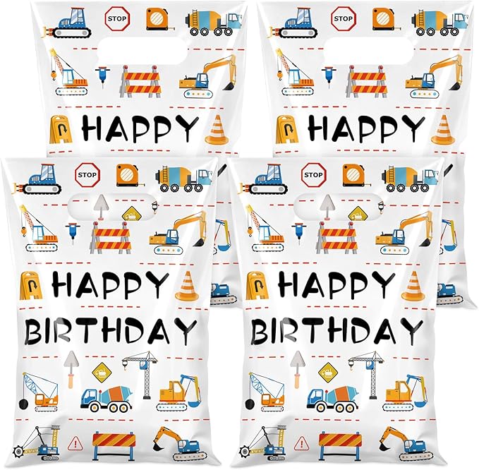 Hxezoc 50 Pieces Construction Gift Bags with Handle, Plastic Treat Candy Bag Construction Vehicle Favor Bag for Boys Kids Birthday Party Decoration Supplies