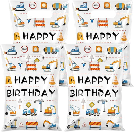 Hxezoc 50 Pieces Construction Gift Bags with Handle, Plastic Treat Candy Bag Construction Vehicle Favor Bag for Boys Kids Birthday Party Decoration Supplies