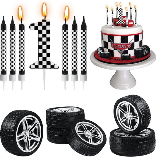 13 Pcs Racing Cars Themed Birthday Candles, Black and White Checkered Birthday Cake Candles, Numeral 1 Candle Wheel Tire for Racing Car Party Decoration Theme Party Supplies (Number 1)