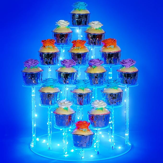 Cupcake Stand with Lights, Blue Cupcake Tower Stand for 16 Cupcakes, Acrylic Cupcake Display Stands for Parties and Dessert Table, Clear Cupcake Holder for Small Collections.
