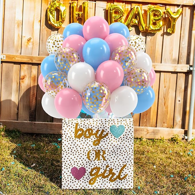 Patimate Gender Reveal Pink and Blue Balloons Set, 50 pcs 12 inch Pastel Blue Pink White Confetti Latex Balloons Kit for Gender Reveal Baby Shower Birthday Party Decorations
