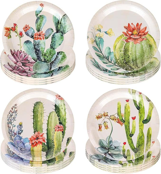 JarThenaAMCS 40Pcs Cactus Paper Plates Watercolor Floral Cactus Disposable Plates 4 Designs Vintage Summer Decorative Tableware for Birthday Baby Shower Holiday Party Decor Supplies