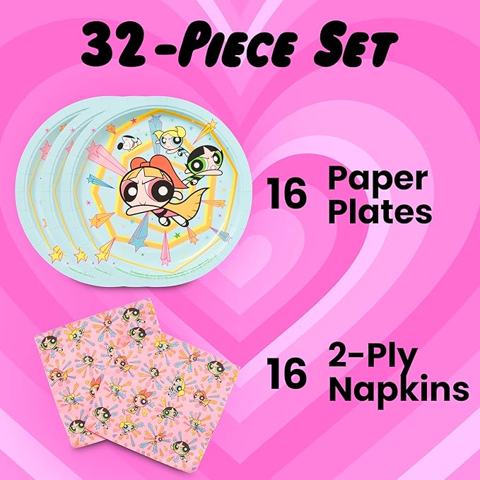 Silver Buffalo The Powerpuff Girls Featuring Blossom, Bubbles, and Buttercup 32 Pack Partyware Disposable Paper Plates and Napkins