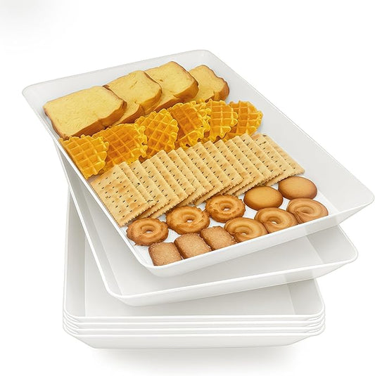 Serving Tray Platter, 6 Pcs Food Tray for Veggie Fruit Snack Dessert Cookie Cheese, Food Trays for Party Supplies Display, Plastic Platters for Serving Food, Large White Trays, BPA Free