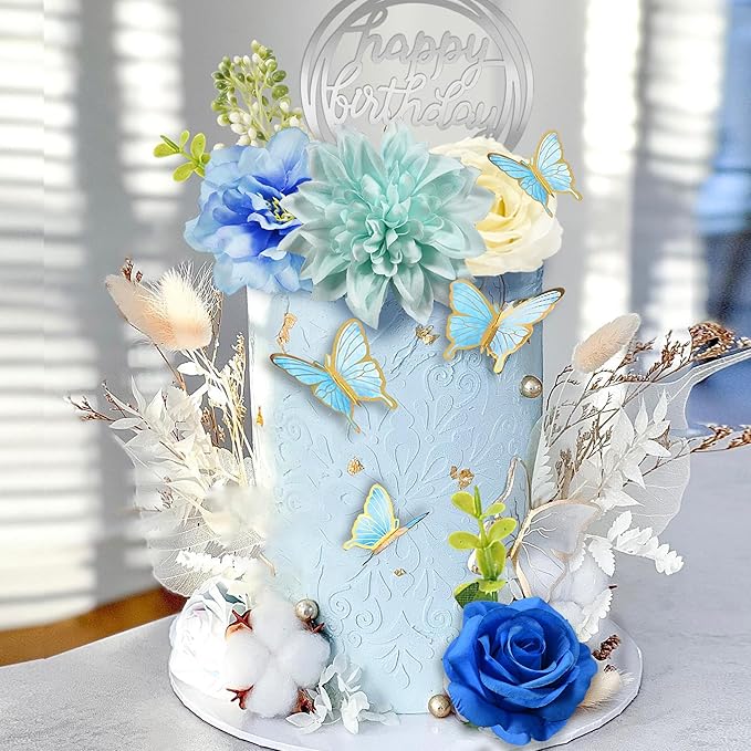 19 PCS Flower Cake Toppers Butterfly Cake Decorations Happy Birthday Cake Toppers with Artificial Blue Rose Flowers Eucalyptus Butterflies for Girls Birthday Party Wedding Baby Shower Supplies (Blue)