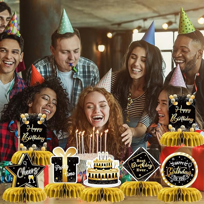 Happy Birthday Table Honeycomb Centerpieces Set, Anniversary Birthday Gifts Table Topper Centerpieces Adults Children Teenager Birthday Party Table Decorations Set of 8 (Gold)