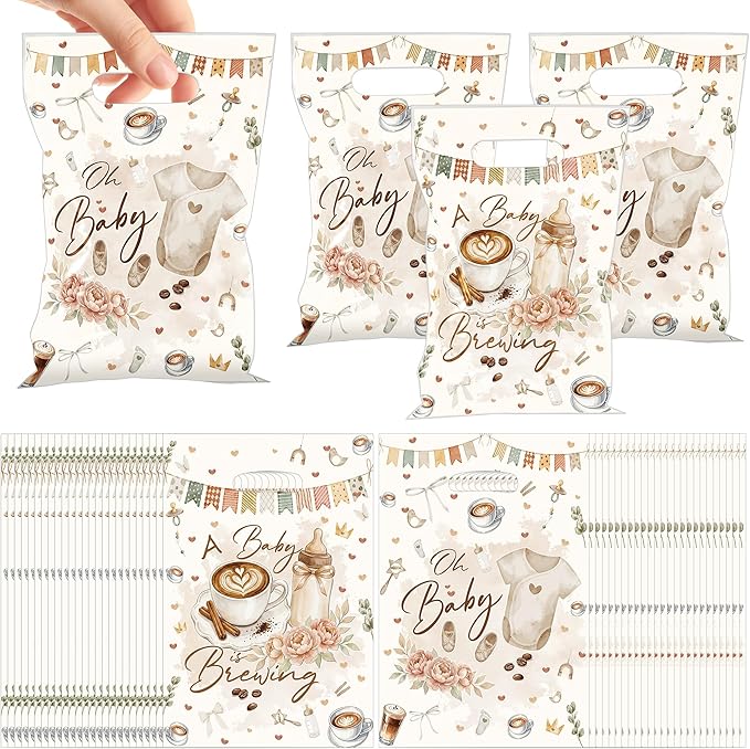 MOIZYNG A Baby is Brewing Baby Shower Decorations, 50Pcs Coffee Themed Baby Shower Plastic Snack Treat Goodie Gift Bags with Handles for Welcome Baby Gender Reveal Decor Supplies