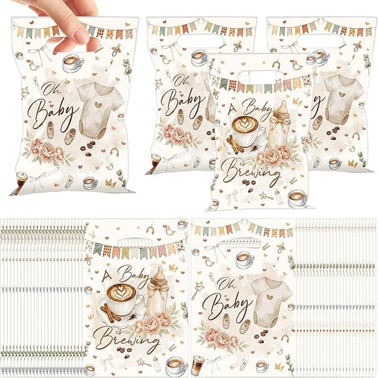 MOIZYNG A Baby is Brewing Baby Shower Decorations, 50Pcs Coffee Themed Baby Shower Plastic Snack Treat Goodie Gift Bags with Handles for Welcome Baby Gender Reveal Decor Supplies