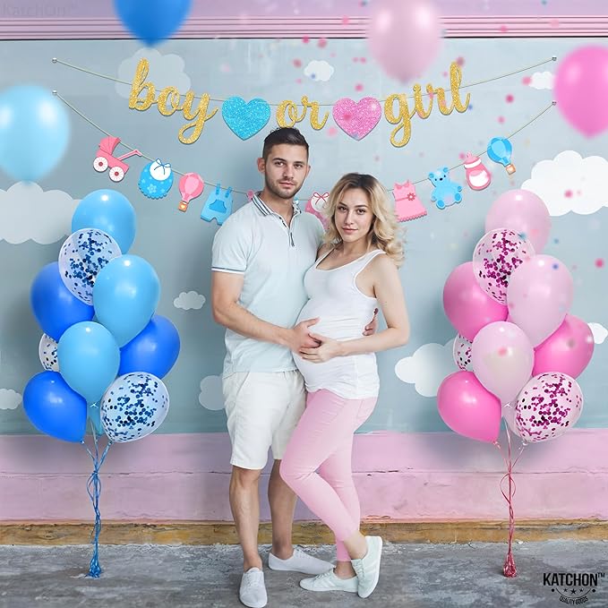 KatchOn, Gender Reveal Decorations Kit - Pack of 40, No DIY | Boy or Girl Gender Reveal Banner | Boy or Girl Baby Shower Decorations | Blue and Pink Gender Reveal Balloon Arch Kit | Boy or Girl Sign