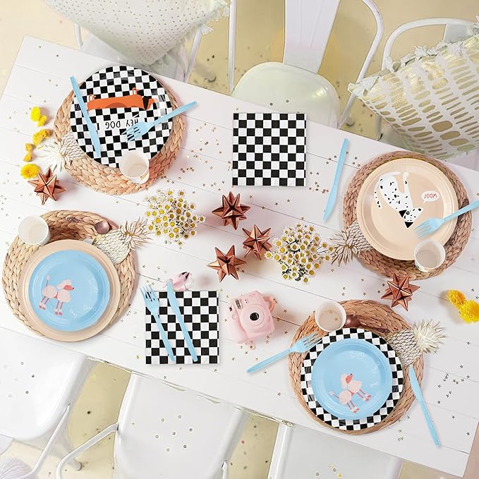 144Pcs Pet Dog Birthday Party Supplies Decorations Puppy Themed Paper Plates Napkins Vintage Puppy Party Tableware Disposable Pet Dinnerware Set for Kids Birthday Baby Shower Table Decor, Serve 24